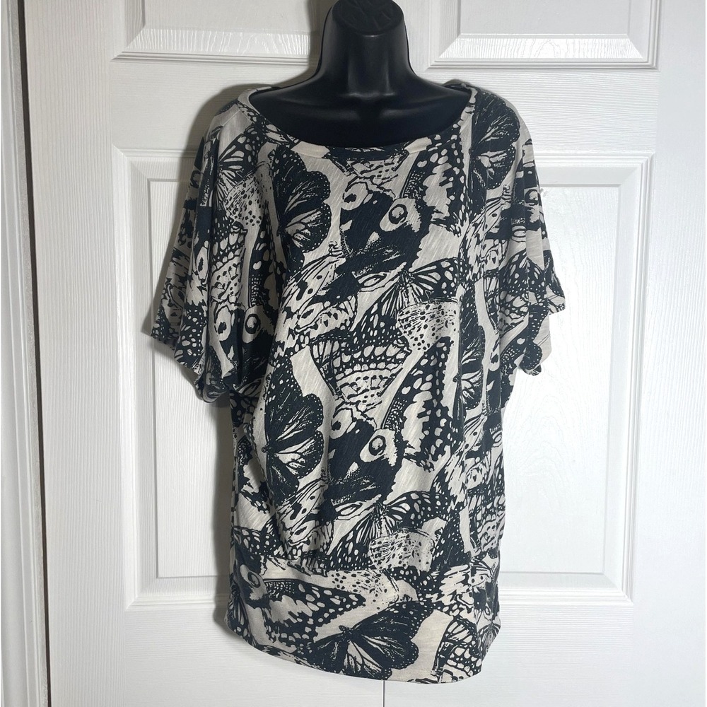 Cato Butterfly Print Y2K Shirt Womens L Black White Short Dolman Sleeve‎ Tunic